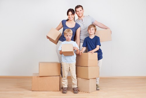 Office relocation boxes and equipment prepared for transport