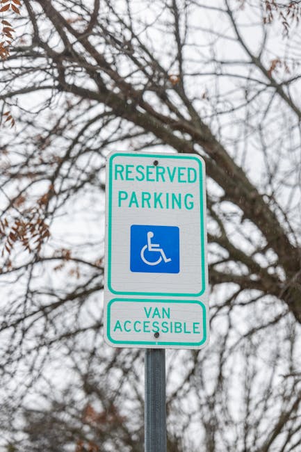 A metal parking sign mounted on a pole displays the words 'Reserved Parking' and 'Van Accessible' with a blue wheelchair symbol in the center. The sign is set against a background of leafless tree bra